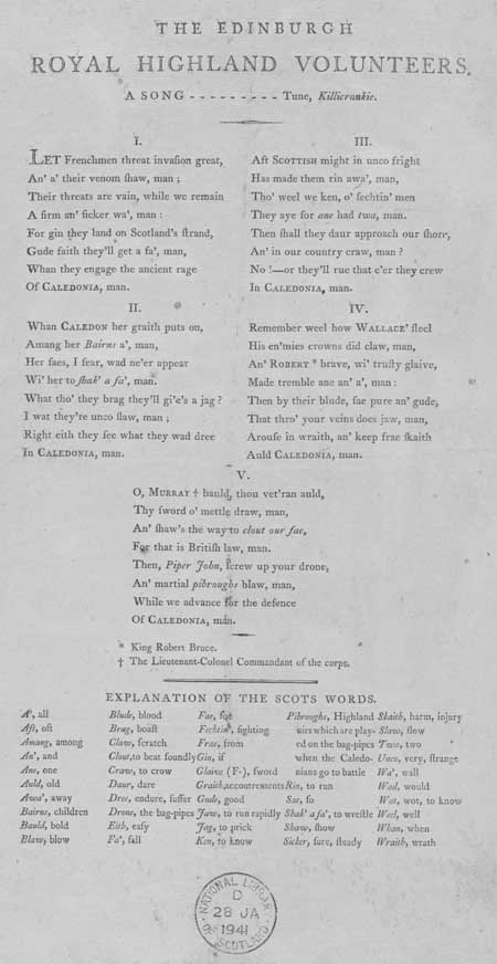 Broadside ballad entitled 'The Edinburgh Royal Highland Volunteers'