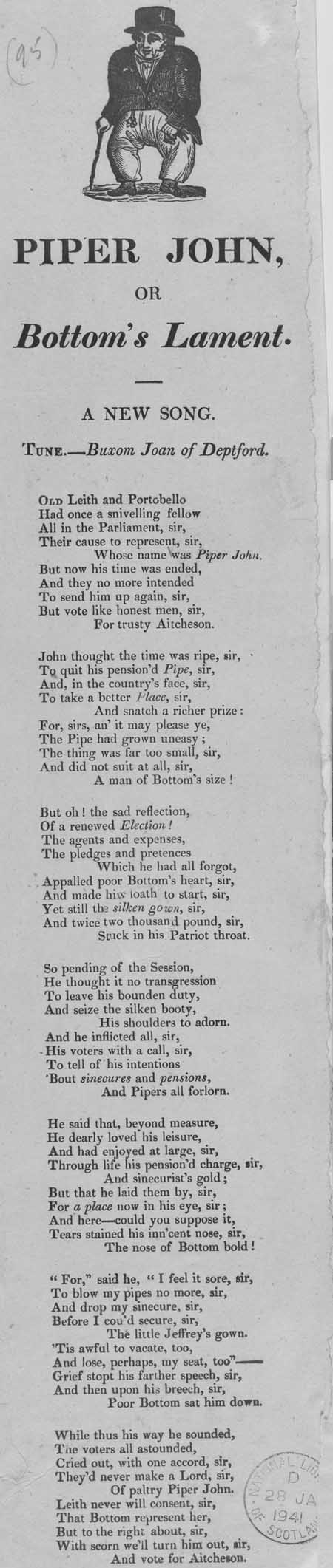 Broadside ballad entitled 'Piper John, Or Bottom's Lament'