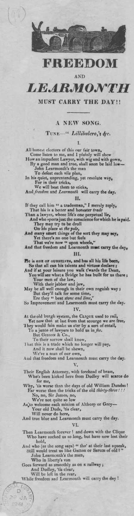Broadside ballad entitled 'Freedom and Learmonth Must Carry the Day'
