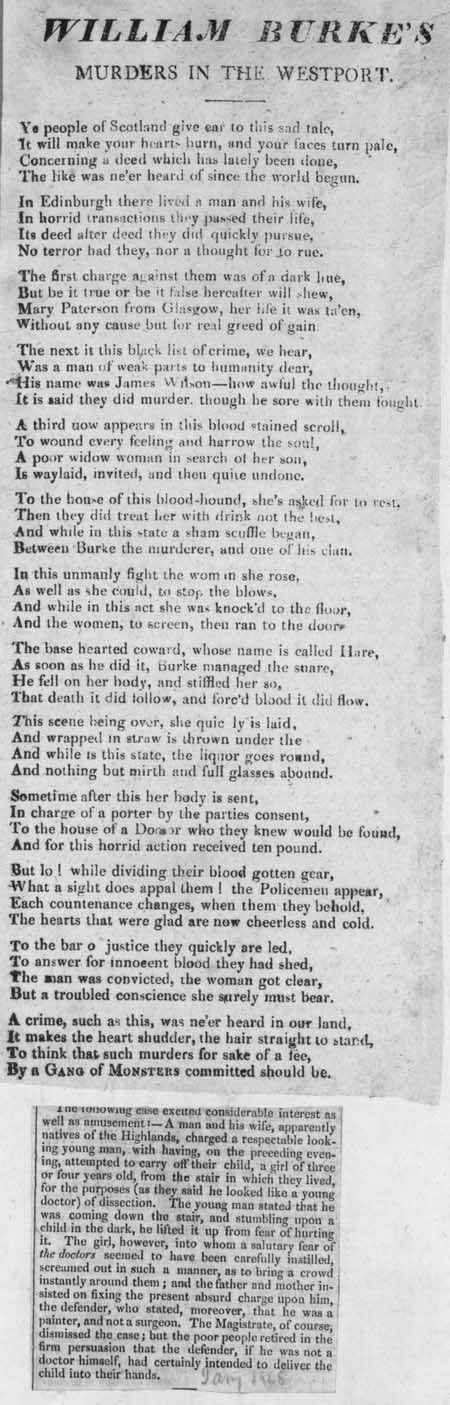 Broadside ballad entitled 'William Burke's Murders in the Westport'