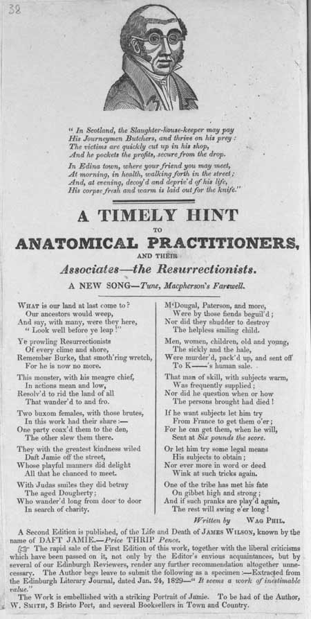 Broadside ballad entitled 'A Timely Hint to Anatomical Practitioners and their Associates - the Resurrectionists'