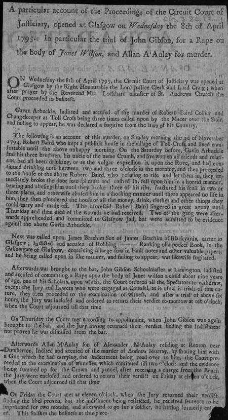 Broadside concerning the proceedings of the Circuit Court of Justiciary, Glasgow