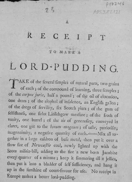 Broadside entitled 'A Receipt to Make a Lord-Pudding'