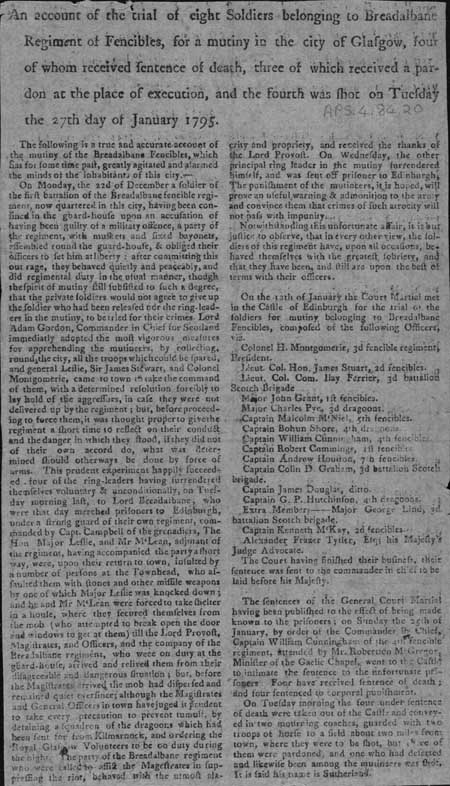Broadside regarding Highland soldiers and their Mutiny in Glasgow