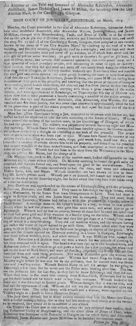 Broadside regarding the trial of Alexander Robertson, Alexander Archibald, James Dickson and James McMillan