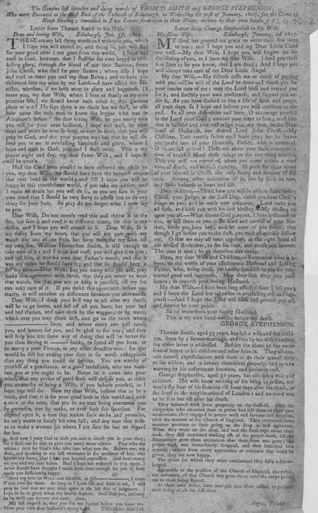 Broadside entitled 'The Genuine Last Speeches and Dying Words of Thomas Smith and George Stephenson'