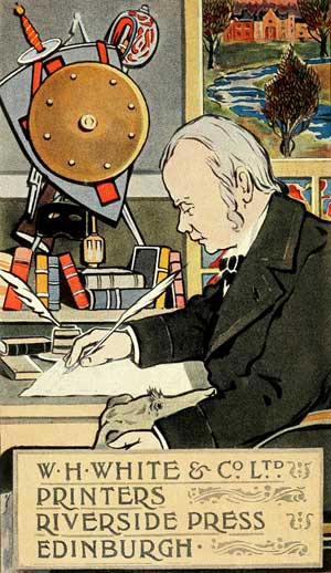 Coloured advert showing a man writing with a quill pen