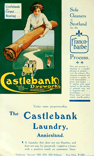 Advert with illustrations including a woman holding a carpet