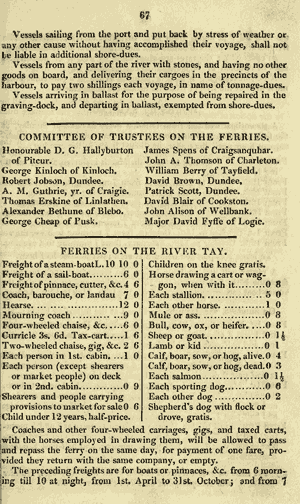 Printed page with charges for ferry passengers and freight