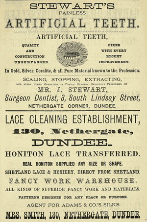 Adverts, including one for artificial teeth with illustration