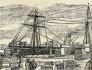 Etching of a dockside with sailing ship and dock workers