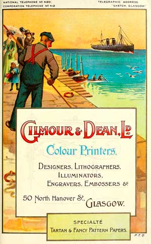 Colour advert showing figures on quayside and ship in background