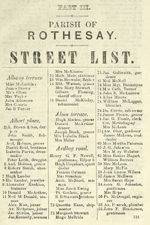 Rothesay page with streets and residents' names