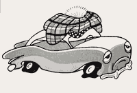 Cartoon image of a car wearing a tartan bonnet