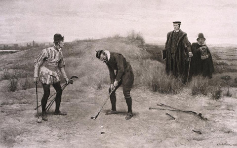 Painting of two golfers playing on links, one looking up alarmed at two clerics