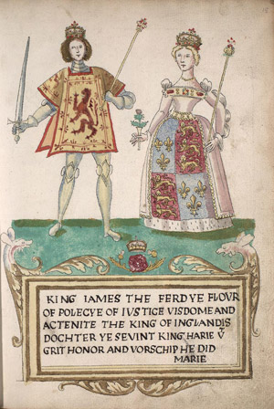 Illustrated page showing King James IV and Queen Margaret