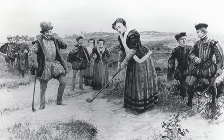 Mary Queen of Scots playing golf in front of a crowd