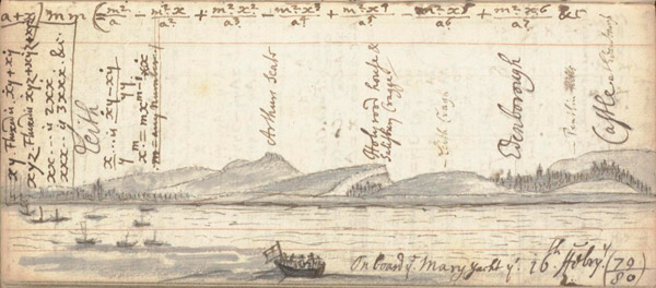 Drawing of Edinburgh and surrounding landscape from across the Firth of Forth, with boats to fore, over-written with calculations and other notes