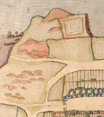 Part of an illustrated plan showing links with buildings nearby.