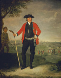 Painting of William Inglis on golf course with golf club and red jacket