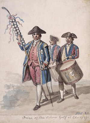 Painting of three men in uniform; one at front holding a golf club head upwards with silver balls attached, two behind drumming.