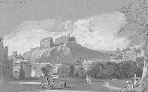 Illustration showing 4 people playing golf surrounded by housing and trees, with Edinburgh Castle in background