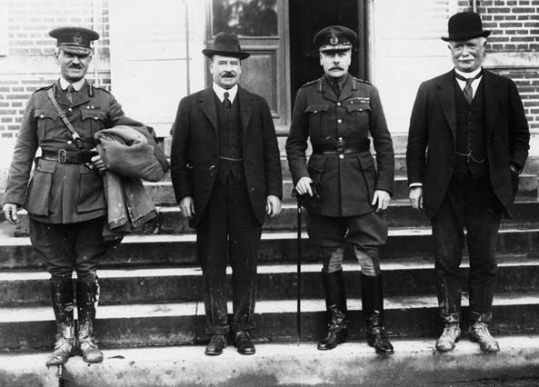 Douglas Haig with three men, including New Zealand Prime Minister