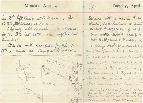 Diary entry for Monday 4 April 1898, relating to the battle of Omdurman. National Library of Scotland, Acc.3155/1j  