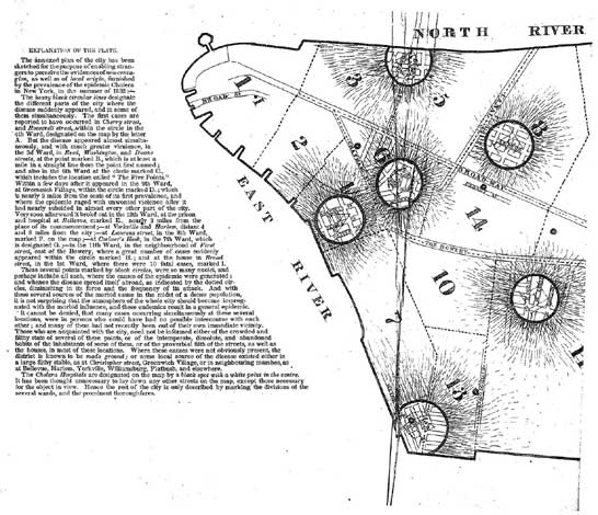 Map showing the spread of the cholera outbreak, NYC