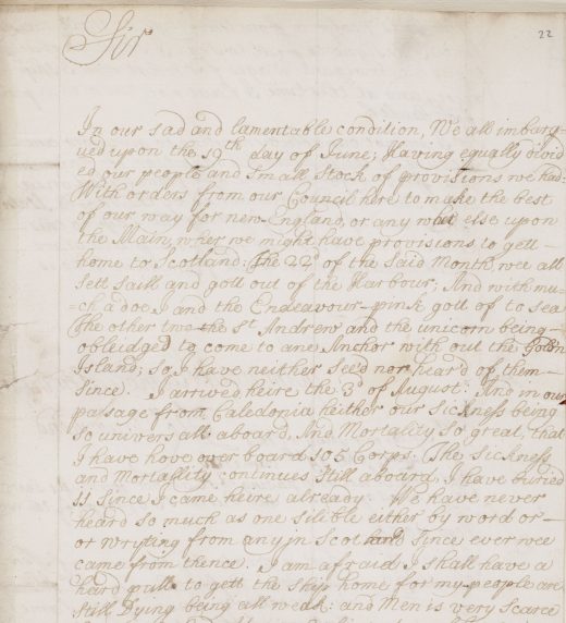 Letter from Robert Drummond to Hugh Montgomerie on the Disaster at Darien (1699)