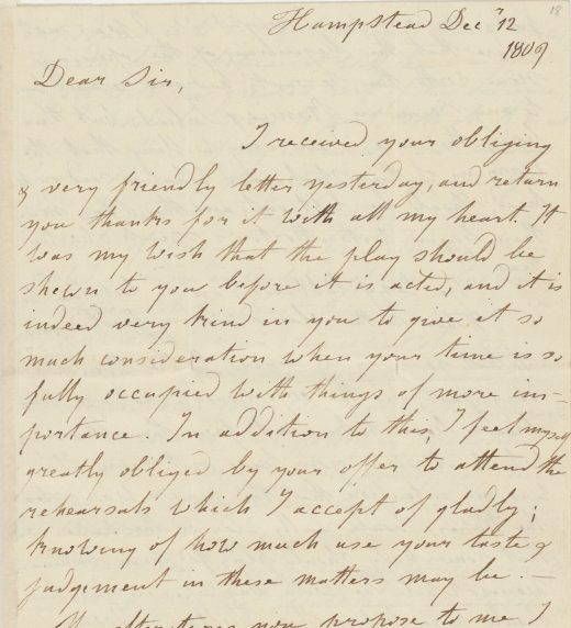 Letter from Joanna Baillie to Henry Mackenzie on her new play (1809)