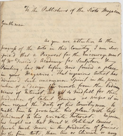 Letter from Alexander Carlyle on the Foulis Academy (c.1759)