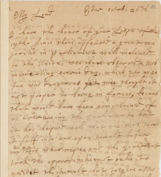 Letter from Hugh Campbell, Earl of Loudoun to Sidney Godolphin, Earl of Godolphin on the Union between Scotland and England (1706)