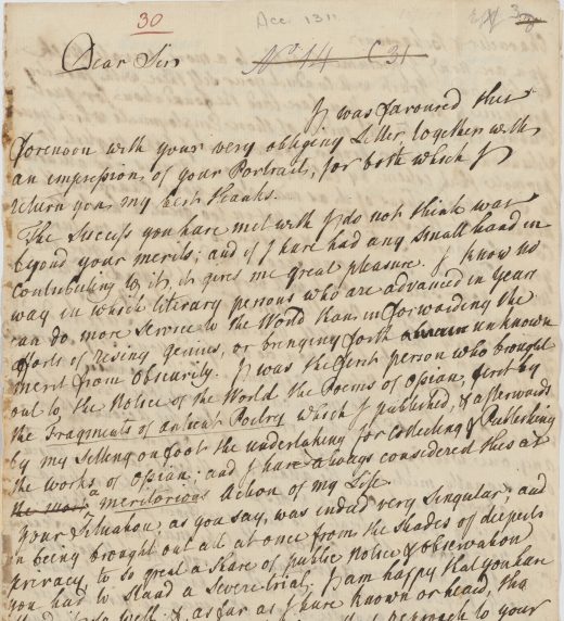 Letter from Hugh Blair to Robert Burns on Scottish literary talent (1787)