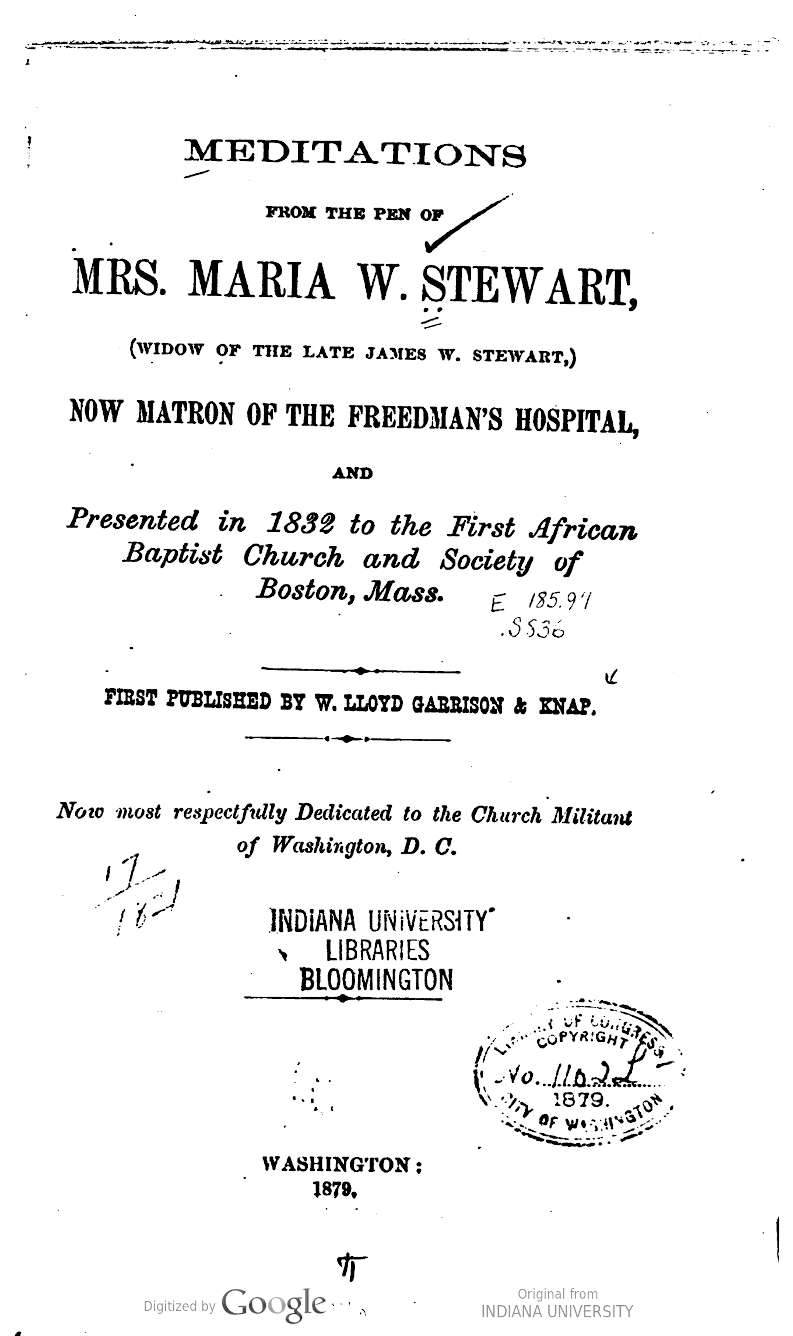 'Meditations from the pen of Mrs. Maria W. Stewart'