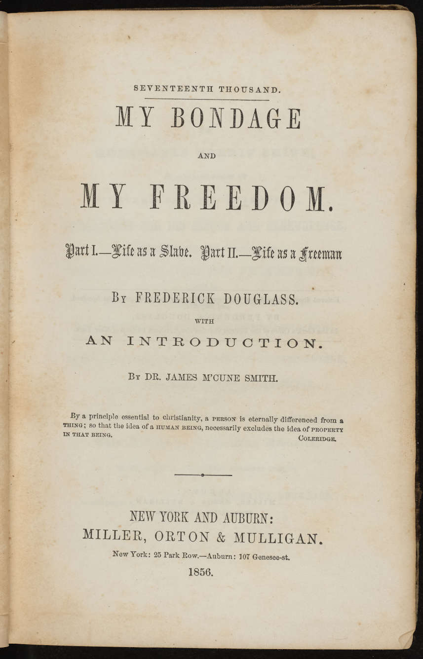 Title page and frontispiece, Frederick Douglass, ‘My Bondage and My Freedom’, New York: Miller 1855.