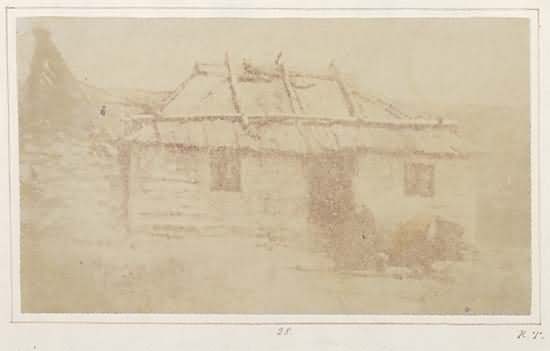 Kitchen hut, Gnarkeet Station, Port Phillip, Australia. This was a squatting run of 28,290 acres, located 100 miles west of Melbourne owned by Robert Tennent and Charles Hugh Lyon (1825-1905) from 1844 to 1853. This picture was taken by Tennent, with a camera constructed out of a cigar box, and with the lens of a telescope.