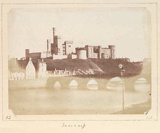 View of Inverness showing bridge (washed away in January 1849) over River Ness and Inverness Castle.