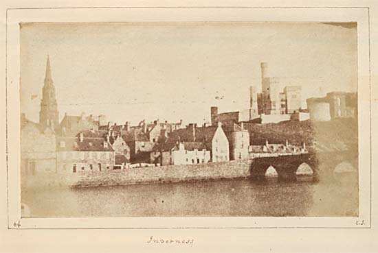 View of Inverness showing bridge (washed away in January 1849) over River Ness and Inverness Castle.