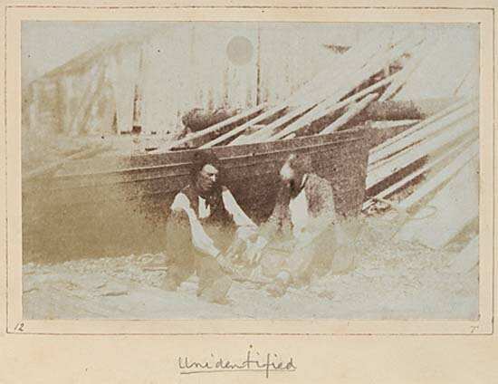 William Fyfe, Senior and Hugh Lyon Tennent at boat-builders' yard. (Probably in Fairlie, Ayrshire). Fyfe's boat-building concern was established in Fairlie in 1812.