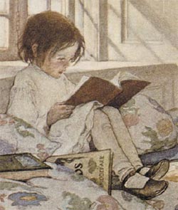 Illustration of girl reading, by Jessie Willcox Smith