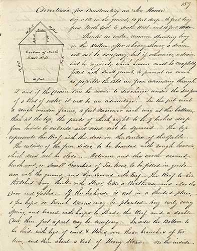 Handwritten page with outline drawing of an ice house
