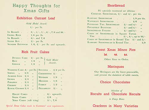 Two page list of cakes, weights and prices