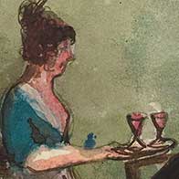 Illustration of woman carring wine glasses on a tray