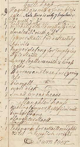 Handwritten list of whisky-making equipment