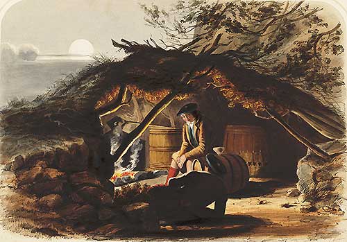 Illustration of a man and an outdoor whisky still