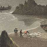 Painting of fish being landed at coastal village
