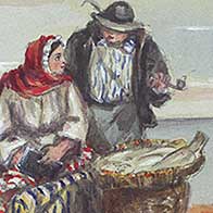 Painting of man and woman with fishbaskets