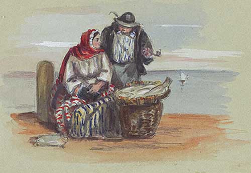 Painting showing a man and woman with basket of fish
