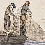 Watercolour of two men in a boat with a fishing net